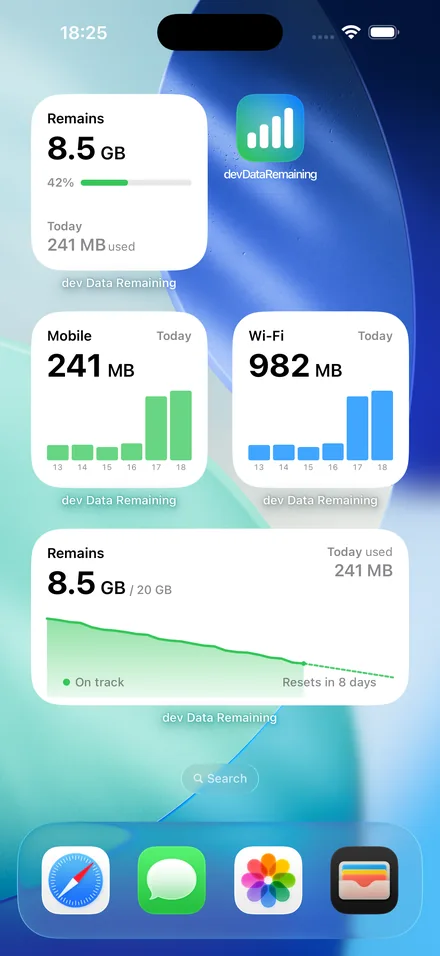 Home Screen widgets showing remaining data, cellular usage and Wi-Fi usage